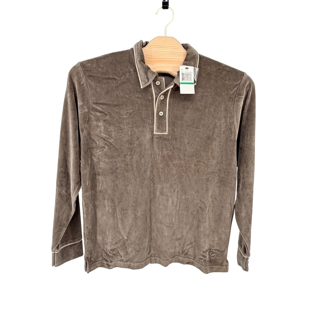 Y2K Nick Danger Velour Polo Shirt Large Taupe Grey Long Sleeve Contrast Piping